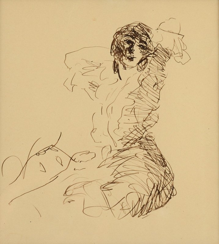 ROBERT HENRI SEATED WOMAN DRAWING EXHIBITED: HENRI, Robert, (American, 1865-1929): Seated Woman, Ink/Paper, Sight size 7 1/2'' x 7'', Phoenix Art Museum Exhibition label affixed verso, encased in a custom frame 20 1/2'' x 19 1/4''.