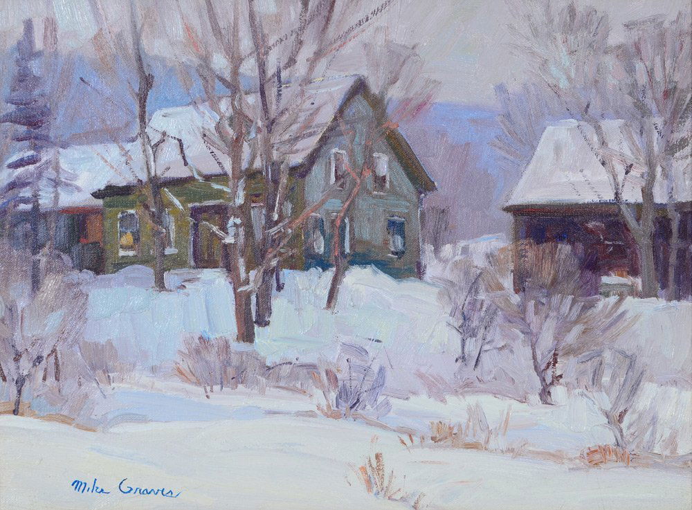 MICHAEL GRAVES SNOW SCENE PAINTING: GRAVES, Michael, (American, 1952-): Snowy Winter Landscape with Homestead, Oil/Canvas, 12'' x 16'', signed lower left, encased in custom carved and gilded Goodnow impressionist frame 18'' x 22''.