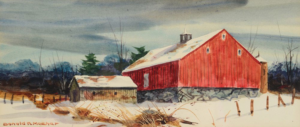Donald Mosher Red Barn Watercolor Winter Painting Mar 23 2014