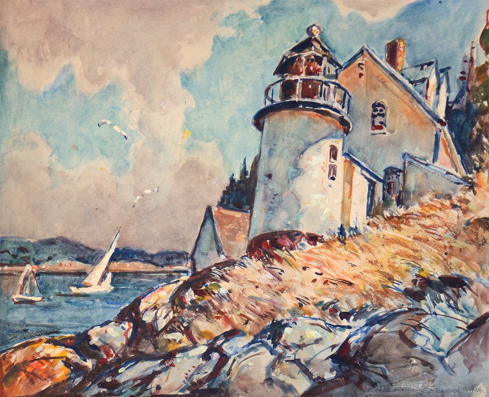 WILLIAM LESTER STEVENS LIGHTHOUSE HARBOR PAINTING: STEVENS, William Lester, (American, 1888-1969): Harbor Scene with Lighthouse, Watercolor/Heightened with White, 14 3/4'' x 17 1/2'', signed lower right, encased in painted frame with damage 18 1/4'' x