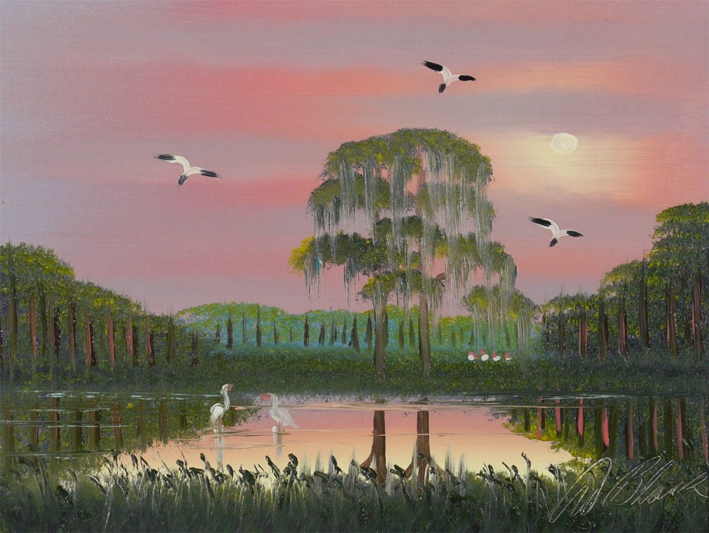 AL BLACK FLORIDA HIGHWAYMEN PAINTING: BLACK, Al, (American, 20th Century): Florida Highwayman Landscape Sunset with Birds, Oil/Board, signed lower right, 12'' x 16'', framed 17 1//4'' x 21 1/4''.