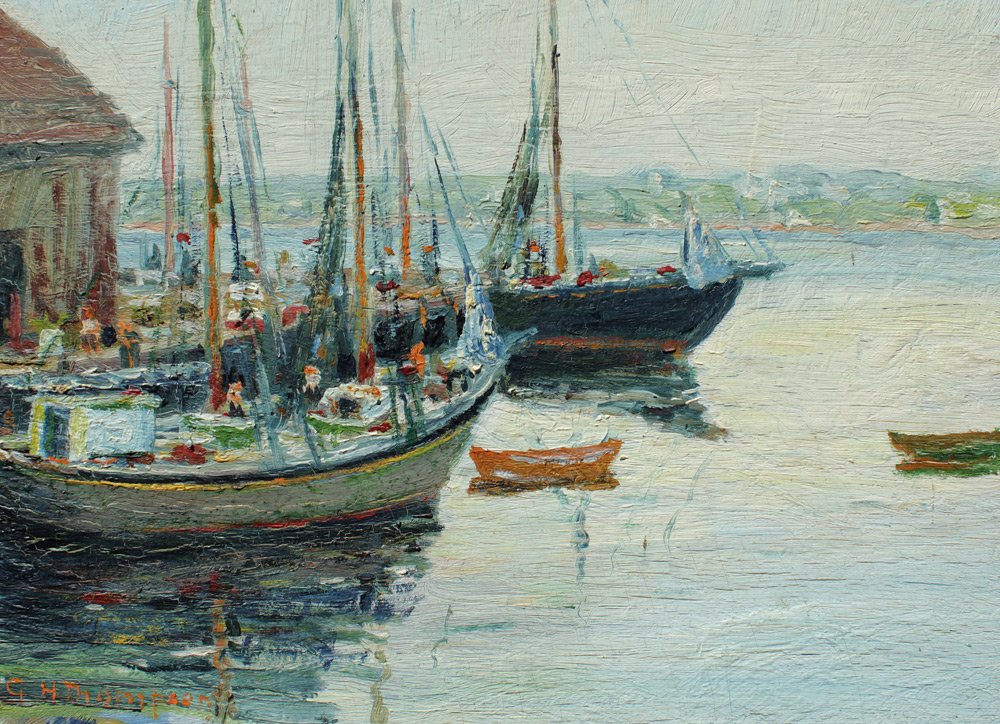 G. H. THOMPSON ROCKPORT HARBOR PAINTING: THOMPSON, George H., (American, 1848-1926): Rockport Harbor Scene with Fishing Boats, Oil/Board, 8 7/8" x 12", signed lower left, original gilded frame with wear 9 3/4" x 12 3/4".