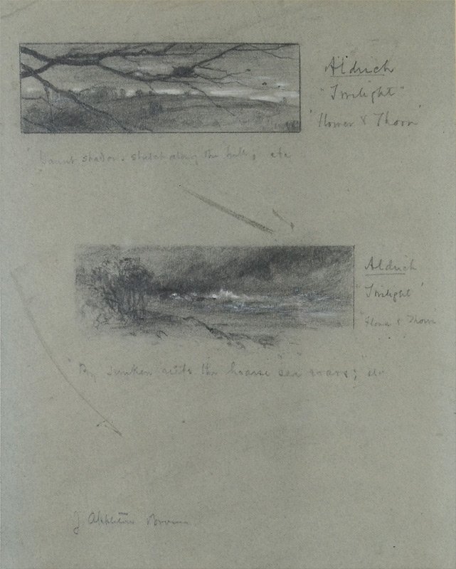 TWO J APPLETON BROWN PENCIL SKETCHES: BROWN, John Appleton, (American, 1844-1902): Two Framed Landscape Sketches ''Twilight'' & ''Flower & Thorn'', paper Sight Size 9 3/4'' x 8'', pencil signed lower left, gilded frame with minor wear 15 