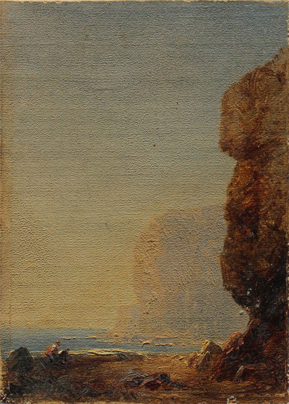 WILLIAM HART COASTAL ROCKS MINIATURE PAINTING: HART, William M., (American, 1823-1894): Coastal Rocks with Figures Gathering Sea Shells, Oil/Canvas, mounted on Board, 4 3/4'' x 3 1/2'', inscription verso, unframed.