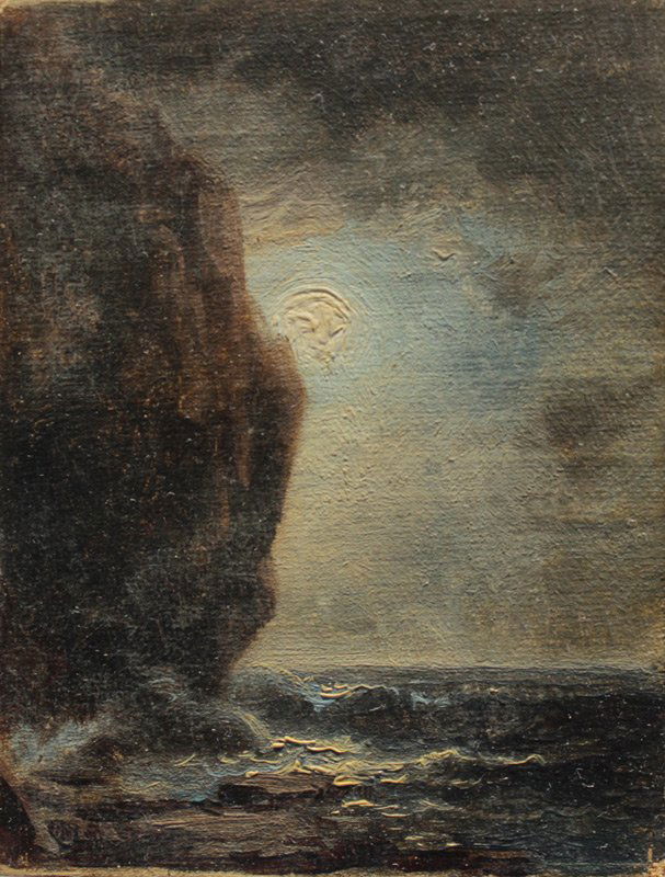 WILLIAM HART NOCTURNAL COASTAL MINIATURE PAINTING: HART, William M., (American, 1823-1894): Coastal Cliffs by Moon Light, Oil/Canvas, mounted on Board, 4 3/4'' x 3 1/2'', inscribed verso, unframed.