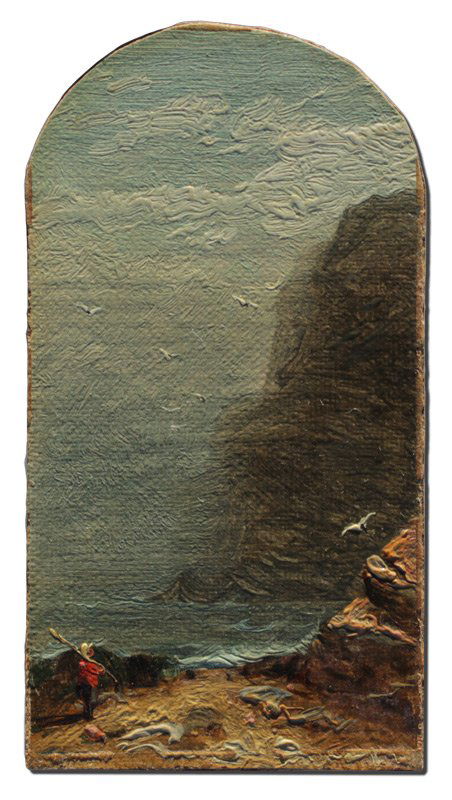 WILLIAM HART MINIATURE COASTAL PAINTING: HART, William M., (American, 1823-1894): Miniature Coastal Scene with Fishermen, Oil/Canvas, mounted to Board, inscribed verso, unframed, measures 4 3/8'' x 2 3/8''.