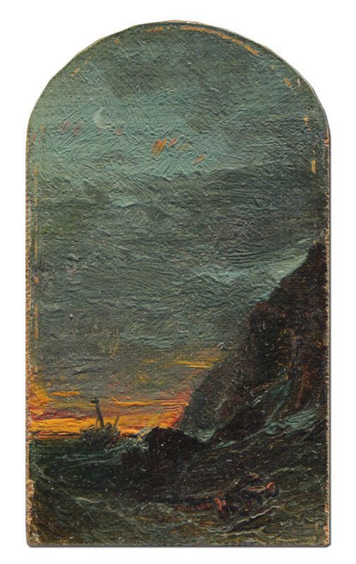 WILLIAM HART MINIATURE PAINTING COASTAL SUNSET: HART, William M., (American, 1823-1894): Coastal Painting with Sunset and Ship, Oil/Canvas, mounted on Board, 4 1/4'' x 2 1/2'', inscribed verso, unframed.