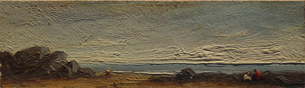 WILLIAM HART PANORAMIC MINIATURE COASTAL PAINTING: HART, William M., (American, 1823-1894): Coastal Painting with Figures, Oil/Canvas, mounted on Board, 1 1/4'' x 4 3/8'', inscribed verso, unframed.