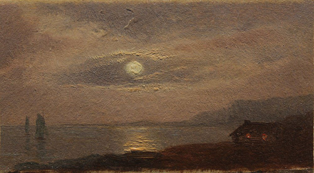 WILLIAM HART MINI COASTAL MOON LIT PAINTING: HART, William M., (American, 1823-1894): Coastal Scene with Ships by Moon Light, Oil/Canvas, mounted to Board, 2'' x 3 1/2'', inscribed verso, unframed.