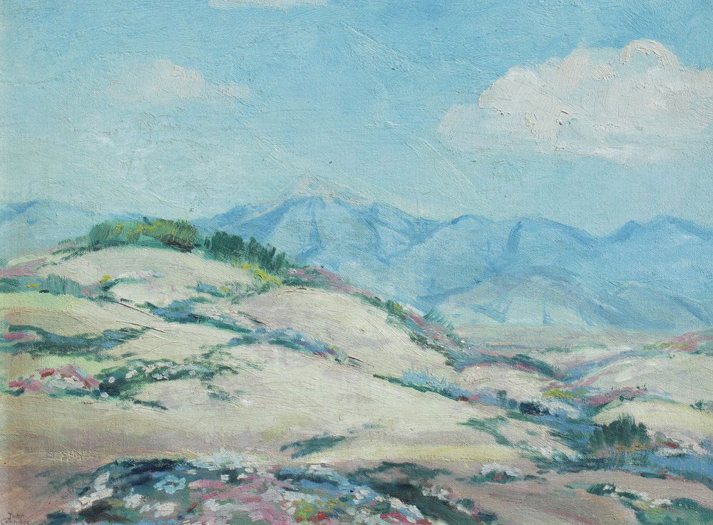 JOHN COOLIDGE PALM SPRINGS? LANDSCAPE PAINTING: COOLIDGE, John Earle, (American, 1882-1947): Landscape of Palm Springs?, Oil/Canvasboard, 12'' x 16'', signed lower right, encased in a carved and gilded impressionist frame 15'' x 19''.