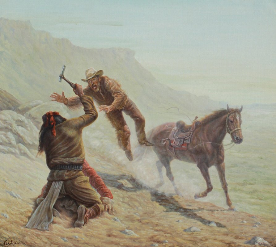 LARGE PERILLO DESPERATE LEAP WESTERN PAINTING: PERILLO, Gregory,(American, 1929- ): ''Desperate Leap'', Oil/Canvas, 32'' x 36'', signed lower left, titled on the stretcher, framed with minor wear 36 1/2'' x 40 1/2''.
