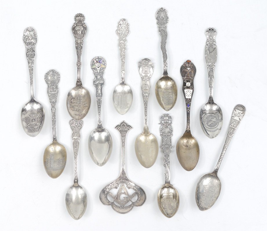 13 PC MASONIC STERLING SOUVENIR SPOON COLLECTION: 13 PIECE MASONIC STERLING SOUVENIR SPOON COLLECTION: 13 piece to include Masonic, Shriner and Order of the Eastern Star, assorted makers and subjects. Approx. 9.6 troy oz.