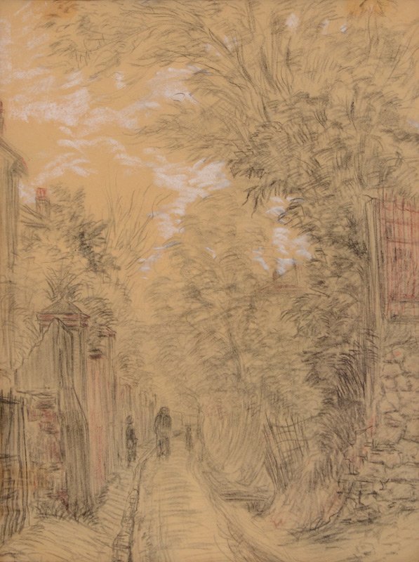 ILLEG SIGNED EUROPEAN DRAWING TRAIL WITH FIGURES: ILLEGIBLY SIGNED EUROPEAN DRAWING OF A VILLAGE ROAD AND FIGURES: Charcoal/Heightened with White and Colored Pencil, Sight size 13" x 10", encased in an ebonized frame with wear and gilt accents 25 1/4