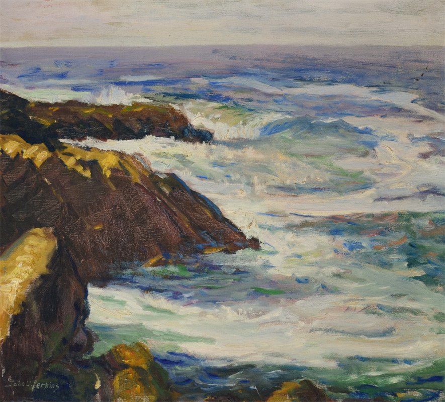 JOHN PERKINS COASTAL ROCKS PAINTING: PERKINS, John U, (American, 1875-1968): Coastal Rocks & Surf, Oil/Canvas, 18 1/4'' x 20 1/4'', signed lower left, framed 22 1/2'' x 24 1/4''.