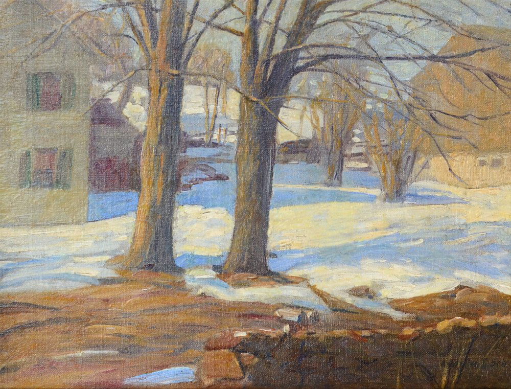 ANDREW SCHWARTZ WINTER VILLAGE LANDSCAPE PAINTING: SCHWARTZ, Andrew Thomas, (American, 1867-1942): Winter Village Landscape, Oil/Canvas, 12'' x 16'', signed lower right, contemporary gilt frame 17 1/2'' x 21 1/2''.