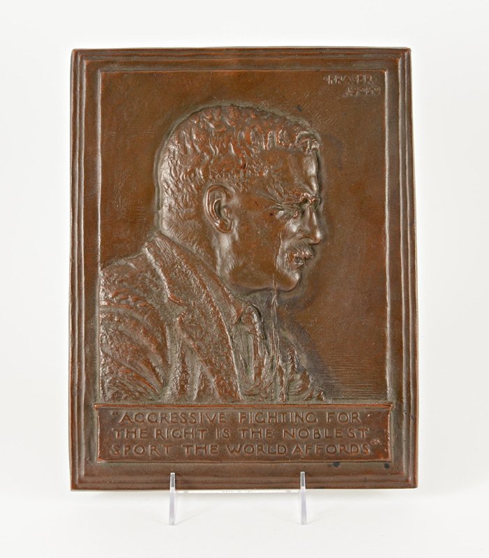 ROOSEVELT BAS-RELIEF BRONZE BY JAMES EARLE FRASER: FRASER, James Earle, (American, 1876-1953): Bas-Relief Bronze of Theodore Roosevelt, 12 3/4" x 10", signed in the upper right, label affixed verso from Decorative Arts League, unframed.