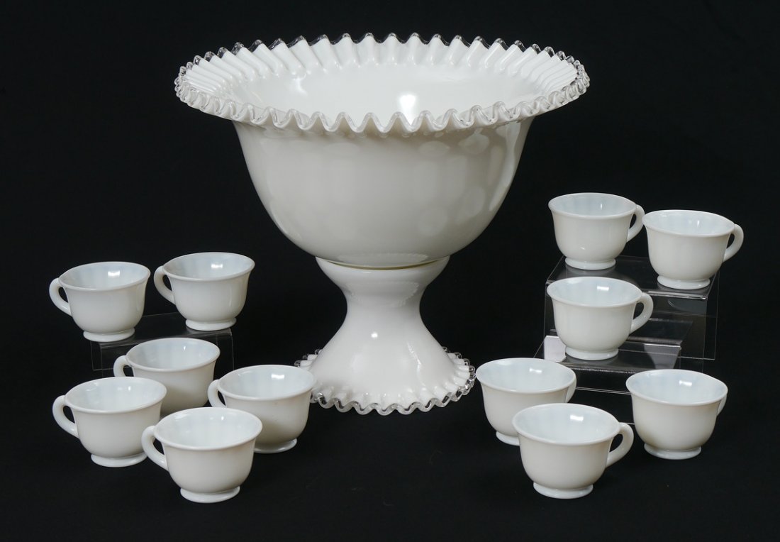 FENTON SILVER CREST PUNCH BOWL, STAND & CUPS: FENTON SILVER CREST GLASS PUNCH BOWL ON STAND WITH THE 12 CUPS: The bowl measures 15" dia.