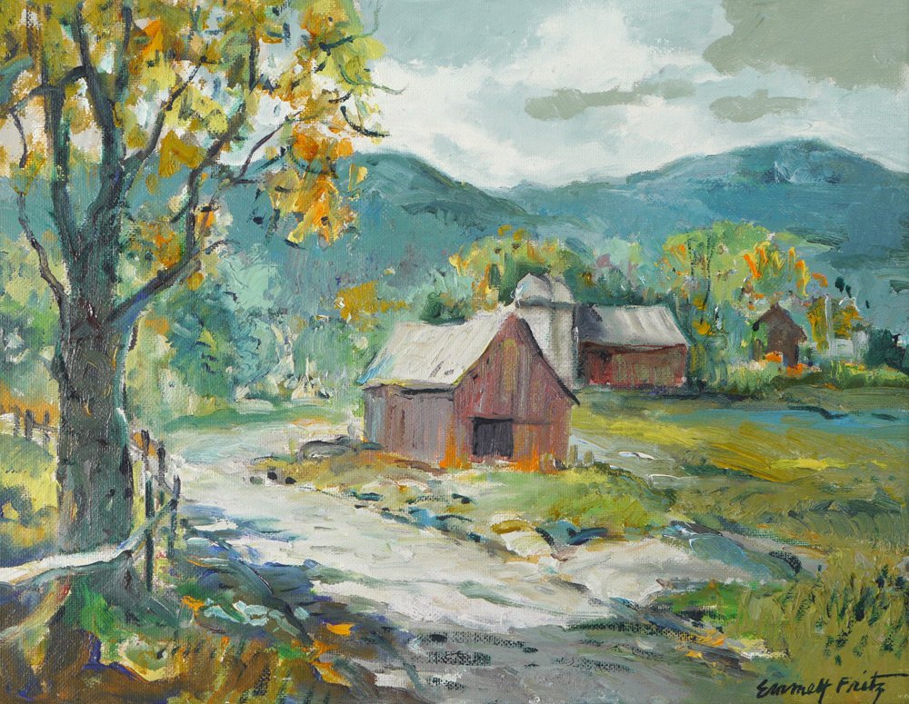 EMMETT FRITZ "BRATTLEBORO,VERMONT" PAINTING: FRITZ, Emmett (John Emmett), (American, 1917-1995): "Brattleboro, Vermont", Country Landscape with Red Barns and Silos, Oil/Canvasboard, 14" x 11", signed lower right, framed, 16" x 19".