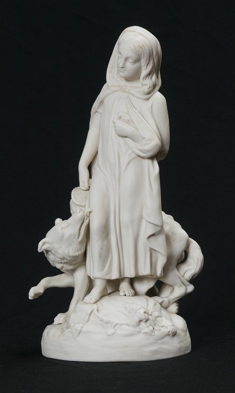 PARIAN RED RIDING HOOD SIGNED COPELAND: COPELAND PARIAN RED RIDING HOOD: And the wolf. 19th C depiction of the classic story. Measures 12" tall x 5 1/2" at the base. Impressed "Copeland". Please note loss of basket handle.