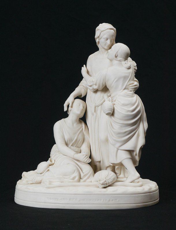 MINTON PARIAN NAOMI AND HER DAUGHTERS IN LAW: MINTON PARIAN NAOMI AND HER DAUGHTERS IN LAW: Parian figural group depicting the biblical characters of Naomi, Ruth and Oprah. Fine detailing in the draping of the cloth, water bottles, facial express