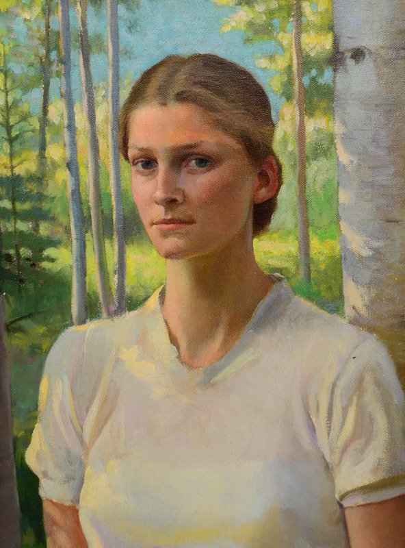 ELMER GREENE PORTAIT PAINTING OF A YOUNG GIRL: GREENE, Elmer Wesley, (American, 1907-1964): 3/4 Length Painting of a Young Girl in a Birch Forest, Oil/Canvas, 40" x 30", signed lower left, encased in a gold frame 47" x 36 1/4".
