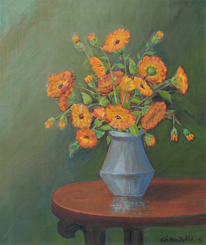 CHARLES WILLIAM DUVALL STILL LIFE PAINTING: DUVALL, Charles William, (American, 1865-1966): Still Life of Marigolds in a Vase, Oil/Canvas, 26" x 22", signed lower right and dated '44, framed, 29" x 25".