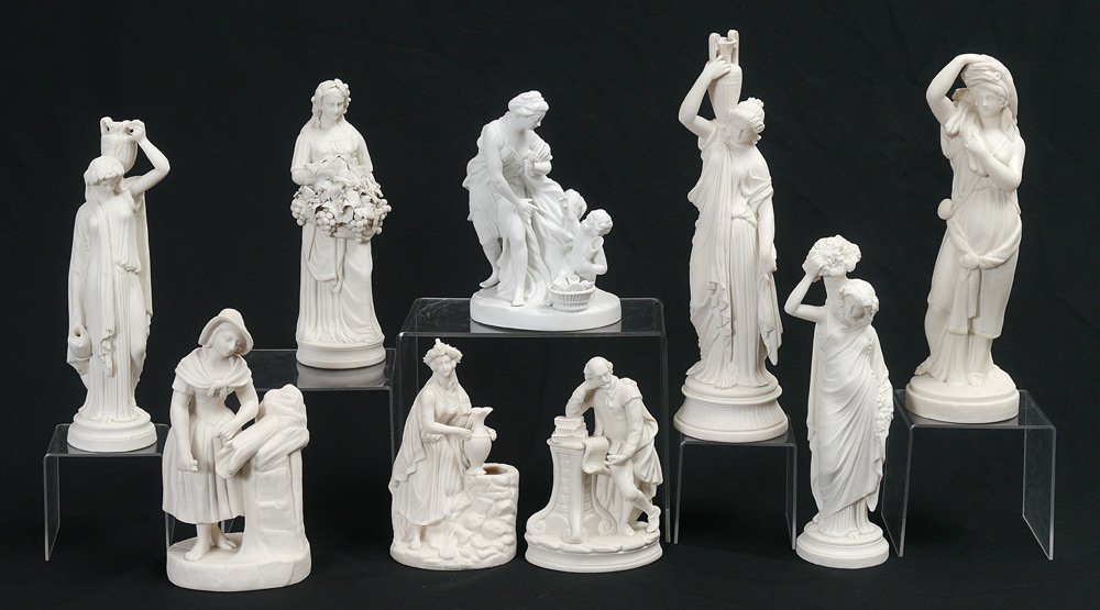 9 PARIAN WARE FIGURES: GROUP OF 9 PARIAN WARE FIGURES: 8 Roman or Grecian woman in daily activity. And a man at his desk. Measures 8" - 15" tall.
