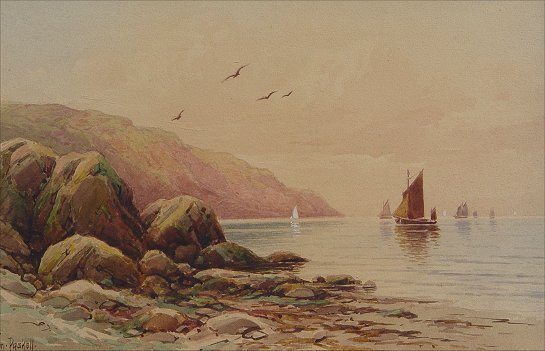 WILLIAM PASKELL W/C SHORELINE PAINTING: PASKELL, William Frederick, (American, 1866-1951): Shoreline scene with boats, W/C, 9 1/2'' x 14 1/2'', signed lower left, encased in period gilded frame with wear to corners, overall 23 1/2'' x 18 1/