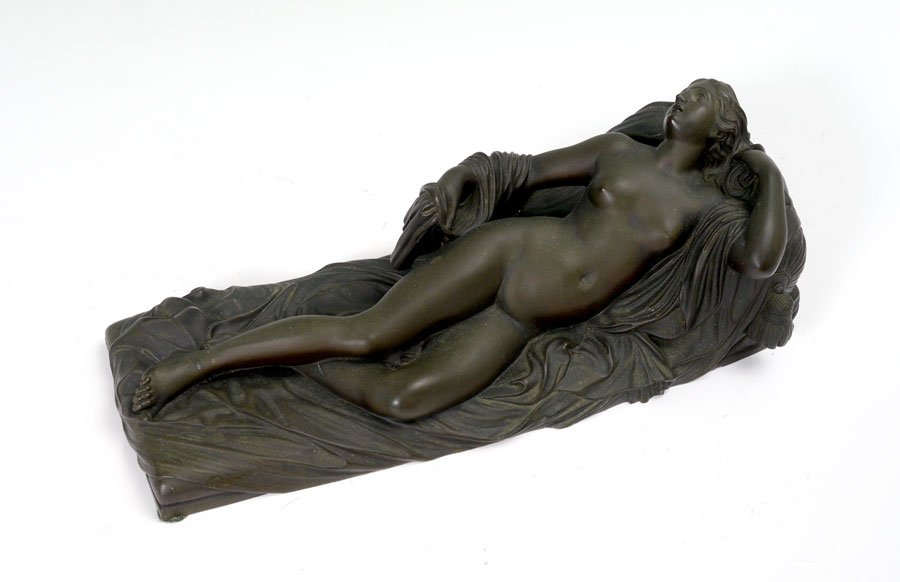 J.S. HARTLEY RECLINING NUDE BRONZE: HARTLEY, Jonathan Scott, (American, 1845-1912): Reclining Nude, Patinated Bronze, 4 1/2" h. x 14 1/2" w. x 6" d., incised signature, marked Tiffany.