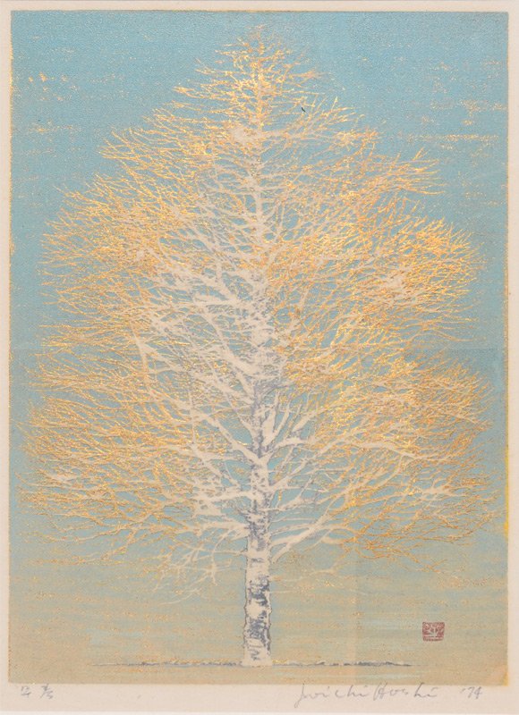 JOICHI HOSHI TREE JAPANESE WOODBLOCK: HOSHI, Joichi, (Japanese, 1913-1979): Lone Tree, Colored Japanese Woodblock, Sight size 10 1/4'' x 7 1/4'', pencil signed lower right, dated '74, #'d 3/3 lower left, encased in custom original frame 1