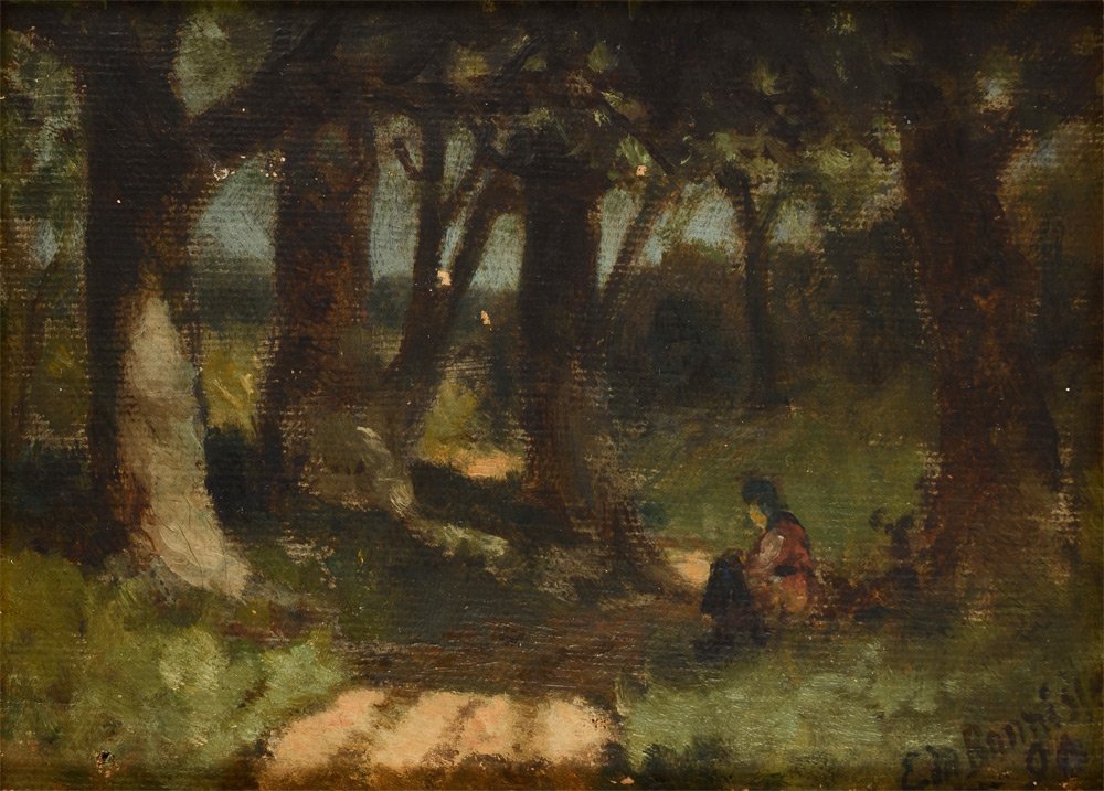 EDWIN BANNISTER LANDSCAPE TRAIL PAINTING: BANNISTER, Edwin, (American, 1823- ): Dirt Trail Through the Forest with Figures Seated in the Shade, Oil/Canvas, 6'' x 8'', signed lower right, dated '90, gilded period liner with wear 11 3/4'' x 13 
