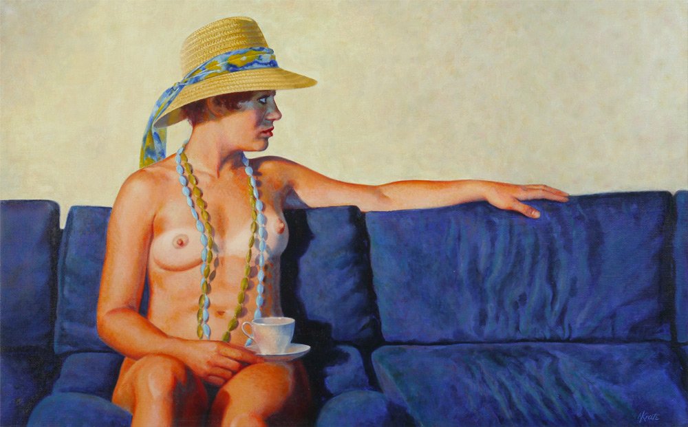 NAT KRATE NUDE PAINTING ''THE BLUE COUCH'': KRATE, Nathan, (American, 1917- ): ''The Blue Couch'', A Young Suntanned Beauty Seated Alone on a Blue Couch, Oil/Canvas, 30'' x 48'', signed lower right, wood frame 32'' x 50''.