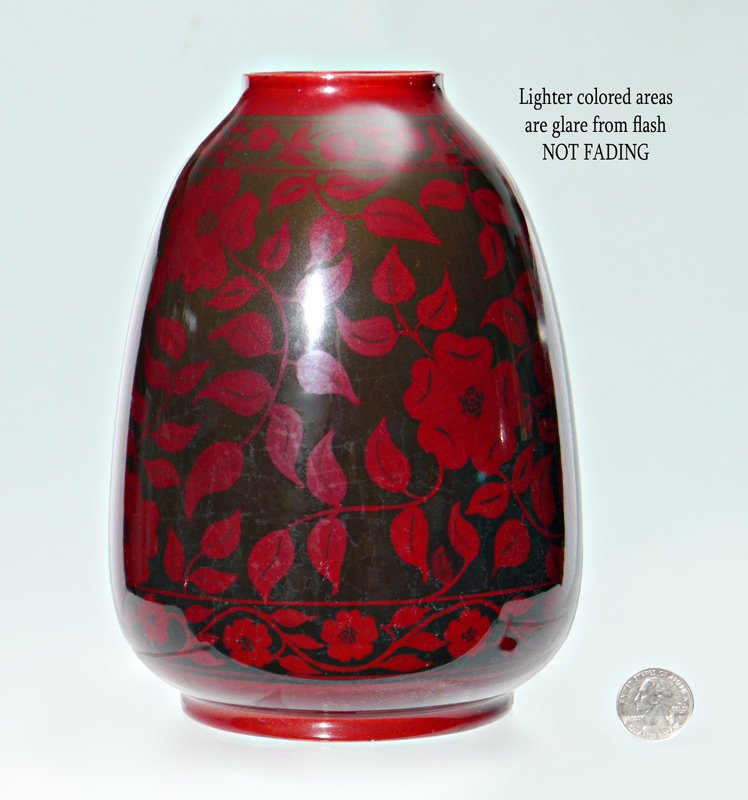BERNARD MOORE FLAMBE VASE: BERNARD MOORE FLAMBE VASE: Floral motif with oxblood and black colors. Signed on base, overall measures 8'' h. x 5 3/4''.