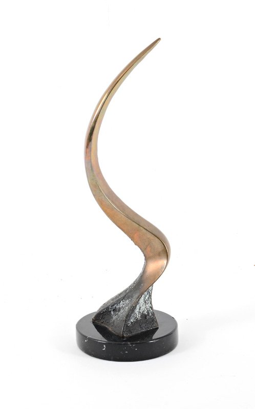 TOM BENNETT HORN FORM ABSTRACT BRONZE: BENNETT, Tom, (American, 1928- ): Horn Abstract Form, Bronze, 11" h., affixed to a black circular marble plinth, signed, #'d 23/100, dated '77.