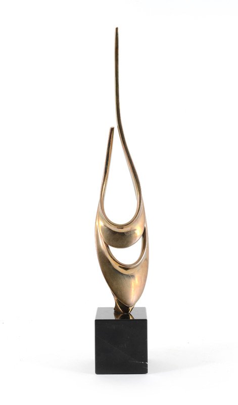 TOM BENNETT ABSTRACT HARP FORM BRONZE: BENNETT, Tom, (American, 1928- ): Abstract Harp Form, Bronze, 15 1/4" h., incised signature, #'d 22/250, dated 1985, affixed to a square beveled marble plinth 3" h.