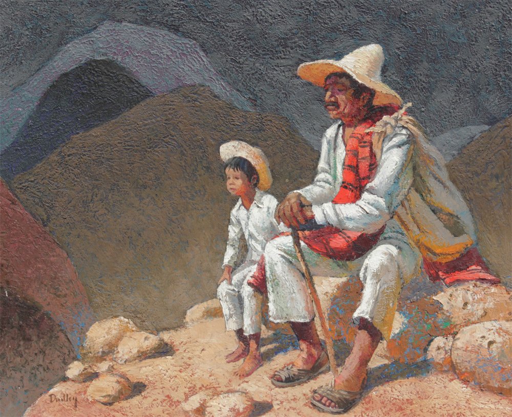 JACK DUDLEY PAINTING OF MEXICAN FATHER & SON: DUDLEY, Jack, (American, 1918-1996): Mexican Father & Son Seated in a Landscape, Oil/Masonite, 20'' x 24'', signed lower left, wooden frame 22 1/2'' X 26 1/2''.