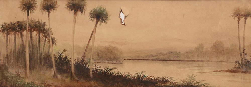 F.H. SHAPLEIGH, ST AUGUSTINE PAINTING 1890: SHAPLEIGH, Frank Henry, (American, 1842-1906): ''St. Augustine, 1890'', The River and Palms, Watercolor, Sight size 4 1/2'' x 12 3/4'', signed lower left, older label affixed verso, original wooden fr