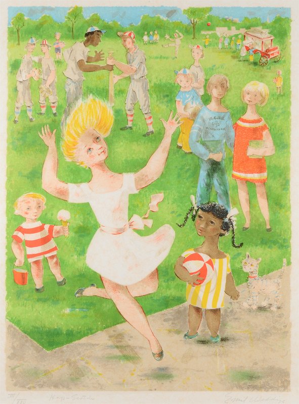 EMIL WEDDIGE LITHOGRAPH "HOP-SCOTCH": WEDDIGE, Emil, (Canadian-American, 1907-2001): "Hop-Scotch", Lithograph, Sight size 24 1/2" x 18", pencil signed lower right, titled lower left, #'d III/XXV, framed 30 1/2" x 24 3/4".