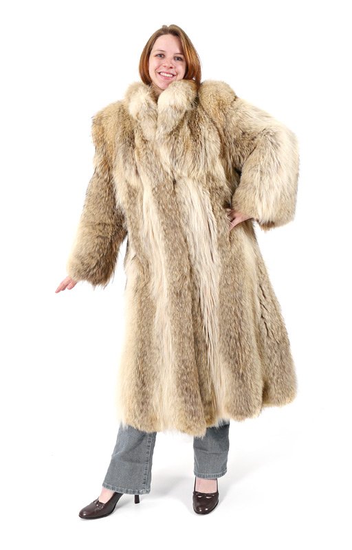 FULL LENGTH FOX FUR COAT: COYOTE FUR FULL LENGTH COAT: Very plush coat with generous collar. Purchased at Dittrich of Detroit. Measures approx. 48" collar to hem, 20" shoulder to shoulder, 22" outside sleeve.