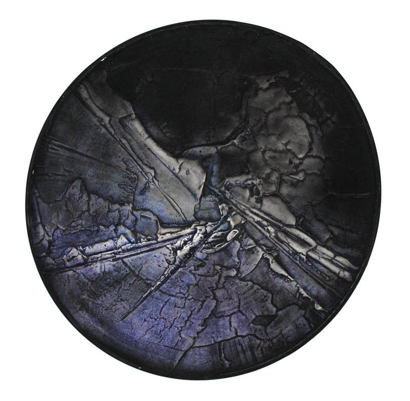 JOHN STRITCH "LOT CITIES" WALL PLAQUE: STRITCH, John, (American, 20th Century): "Lost Cities", wall plaque, special mixture of cast resin/colored epoxy, 30" diameter.
