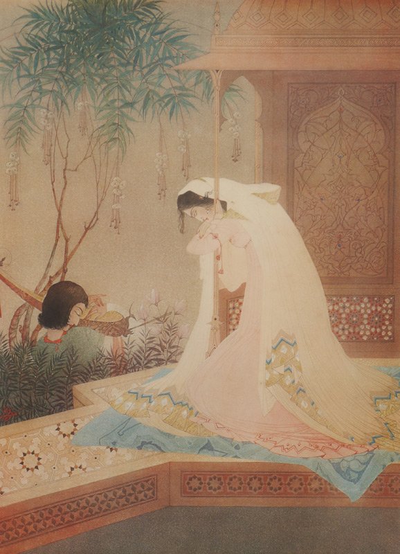 CHUGHTAI INDIAN OFFSET LITHOGRAPH "FOR A SONG": CHUGHTAI, Abdur Rahman, (Pakistani, 1897-1975): "For a Song", Offset Lithograph, Sight size 27 1/2" x 22 1/4", pencil signed lower right, encased in painted and carved faux bamboo frame with wear 36 1