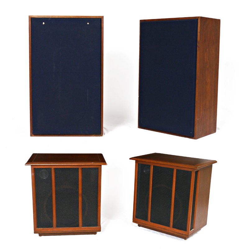4 UNIVERSITY & JBL VINTAGE SPEAKERS: 4 VINTAGE UNIVERSITY & JBL SPEAKERS: 2 pairs to include 1) JBL model 4315 Professional Series studio moniters, 33 3/4" h. x 20 1/2" x 13". 2) University Model N-3 floor cabinet speakers, 27 1/4" h. x 
