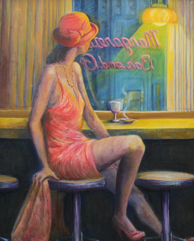 MARGARET McLAURAN WAITING AT THE WINDOW PAINTING: McLAURAN, Margaret, (American, 20th Century): 20's Era Scene with a Young Female Seated on a Bar stool Looking out a Window, Waiting, Oil/Canvas, 24" x 20", unsigned, original label affixed verso, fra