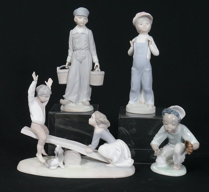 4 LLADRO FIGURINES Kids at play: LLADRO PORCELAIN FIGURINES: 1) Boy with Pails #4811, Matte, Salvador Furio sculptor, issued 1972 retired 1988, 8.25''h.; 2) See-Saw #1255, Matte, Vincente Martinez sculptor, issued 1974 retired 1991, 