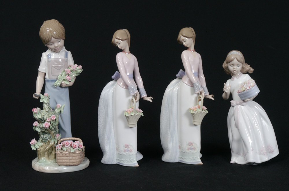 LLADRO FIGURES W FLOWERS 5088 7622 6915: LLADRO PORCELAIN FIGURINES: 1) Roses for My Mom #5088, Francisco Catala sculptor, issued 1980 retired 1987, 10.75''h. 2-3) Basket of Love #7622, Jose Puche sculptor, Collector Society edition 1994, 9.