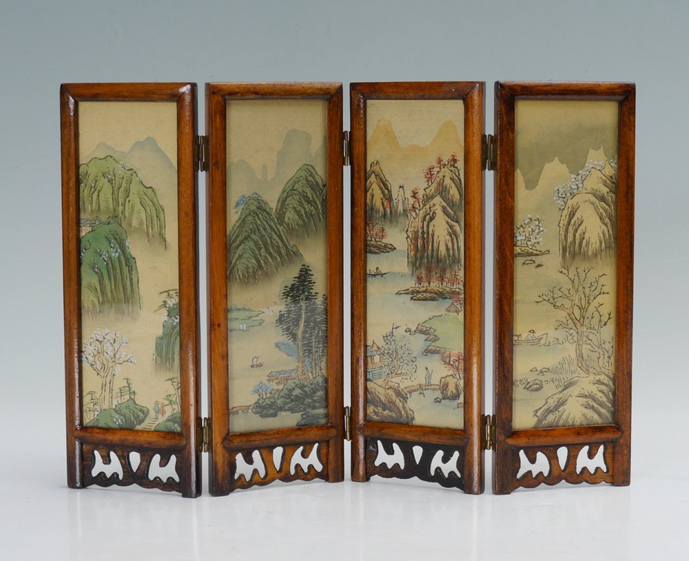 HAND PAINTED DIMINUTIVE TABLE TOP SCREEN: HAND PAINTED DIMINUTIVE TABLE TOP SCREEN: 4 panel screen with oriental outdoor genre scenes one side, birds and flowers verso, hand painted on silk. Carved wood frames, each panel 9 1/2" x 3 3/8".