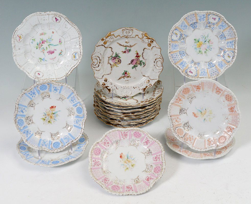 7 BOHEMIAN PLATES & 10 ENGLISH FLORAL PLATES: 7 BOHEMIAN PLATES & 10 ENGLISH FLORAL PLATES: To include 1) 7 Fischer & Mieg, Pirkenhammer, plates with embossed scalloped rim, floral center. Crossed hammer underglaze mark. 8 1/2" dia. 2) 10 plates