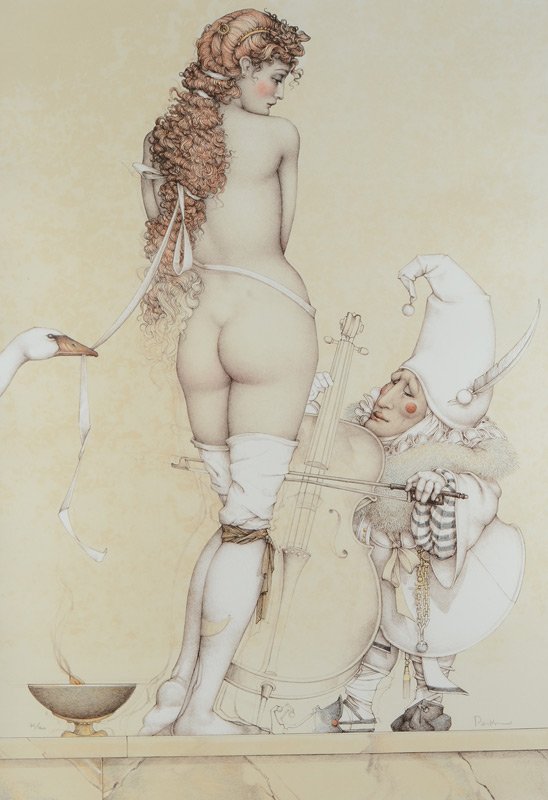 MICHAEL PARKES MUSIC MASTER LITHOGRAPH: PARKES, Michael, (American, 1944- ): " Music Master", Young Female Nude with Cello & Dwarf, Lithograph, Sight size 27 1/2" x 19 1/4", pencil signed lower right, #'d lower left 74/160, carved and gilde