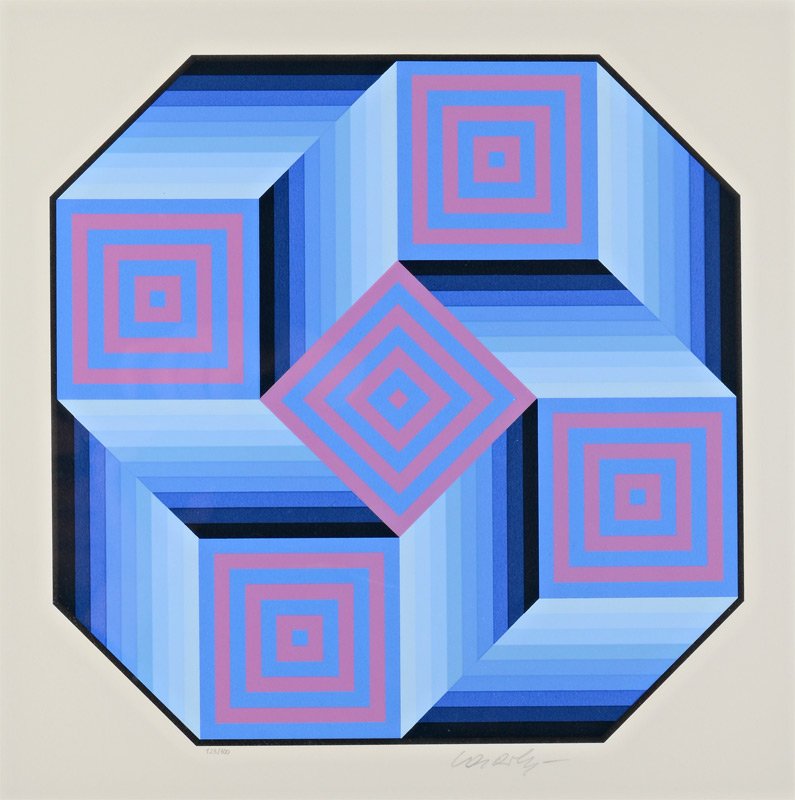 VICTOR VASARELY "OCTA" SERIGRAPH: VASARELY, Victor, (French-Hungarian, 1906-1997): "Octa", Serigraph, Sight size 14 1/2" x 14 1/2", pencil signed lower right, #'d 128/300, black lacquer frame with wear 26 1/2" x 27".