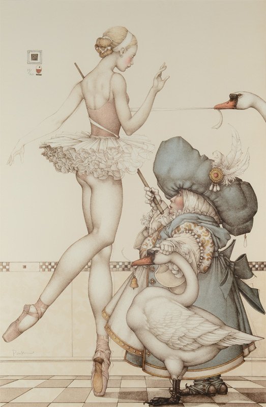 MICHAEL PARKES LITHOGRAPH BALLERINA: PARKES, Michael, (American, 1944- ): "Ballet Mistress", Lithograph, Sight size 28" x 18", pencil signed, #'d 13/160, custom carved and gilded frame 33" x 31 1/2".